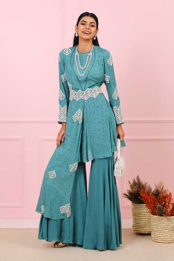 Shop_Vidushi Gupta_Blue Angrakha Drape Peplum And Flared Gharara Set _at_Aza_Fashions