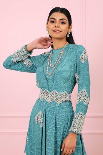 Vidushi Gupta_Blue Angrakha Drape Peplum And Flared Gharara Set _Online_at_Aza_Fashions
