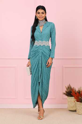 Buy_Vidushi Gupta_Blue Draped Dress With Belt _at_Aza_Fashions