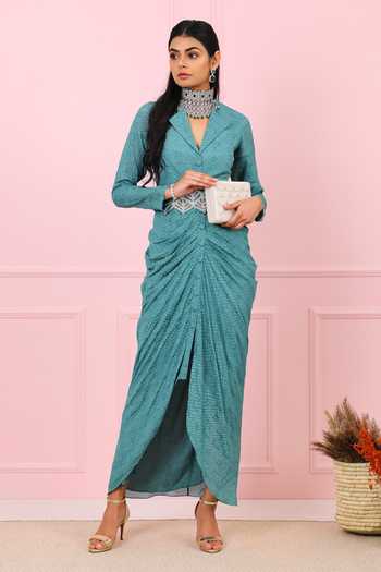 Shop_Vidushi Gupta_Blue Draped Dress With Belt _at_Aza_Fashions