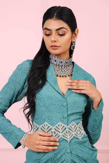 Vidushi Gupta_Blue Draped Dress With Belt _Online_at_Aza_Fashions