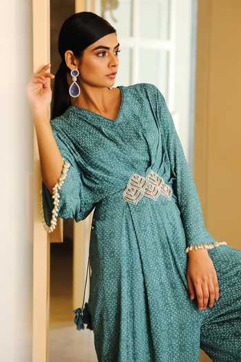 Buy_Vidushi Gupta_Blue Printed Pleated Jumpsuit _Online_at_Aza_Fashions