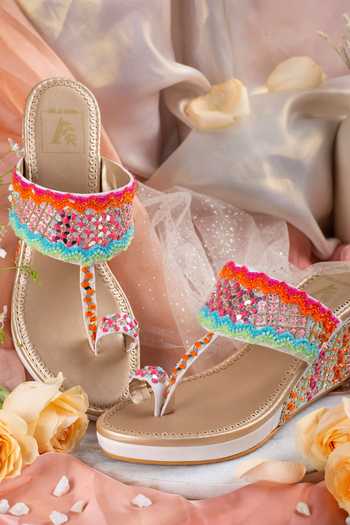Buy_House Of Vian_Multi Color Zari, Pearls Embroidered Kolhapuri Wedges _at_Aza_Fashions