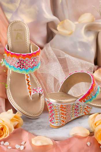 Shop_House Of Vian_Multi Color Zari, Pearls Embroidered Kolhapuri Wedges _at_Aza_Fashions