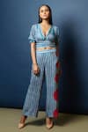 Buy_Nautanky_Blue Natural Crepe Embroidery V Neck Striped Crop Top And Pant Set _at_Aza_Fashions