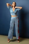 Buy_Nautanky_Blue Natural Crepe Embroidery V Neck Striped Crop Top And Pant Set _Online_at_Aza_Fashions