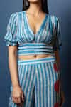 Shop_Nautanky_Blue Natural Crepe Embroidery V Neck Striped Crop Top And Pant Set _Online_at_Aza_Fashions