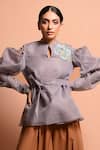 Buy Vivek Patel Grey Organza Polyester Round Pleated Sleeve Top at Aza Fashions Buy_Vivek Patel_Grey Organza Polyester Round Pleated Sleeve Top _at_Aza_Fashions