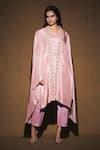 Vara By Vibha N Priti_Pink Habutai Silk Jacket Open Kurta Round Embroidered And Set _Online_at_Aza_Fashions