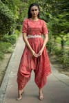 Buy_Vara By Vibha N Priti_Red Silk Chanderi Cowl Jumpsuit With Belt _at_Aza_Fashions