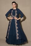 Buy_Vara by Vibha n Priti_Blue Chiffon Pleated Gown With Embroidered Jacket_at_Aza_Fashions