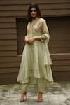 Buy_Vara By Vibha N Priti_Green , Organza, Chanderi Mandarin Embroidered Asymmetric Kurta Set _at_Aza_Fashions