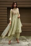 Vara By Vibha N Priti_Green , Organza, Chanderi Mandarin Embroidered Asymmetric Kurta Set _Online_at_Aza_Fashions