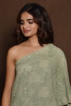 Shop_Vara by Vibha n Priti_Green Munga Silk Embroidery One Shoulder Top And Lehenga _Online_at_Aza_Fashions