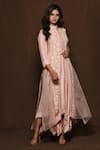 Vara by Vibha n Priti_Pink Silk Embroidery Cape Round Dress Mandarin Asymmetric And Jacket Set _Online_at_Aza_Fashions