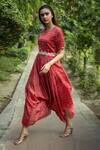 Vara By Vibha N Priti_Red Silk Chanderi Cowl Jumpsuit With Belt _Online_at_Aza_Fashions