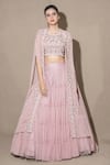 Buy_Vara by Vibha n Priti_Pink Chiffon Embroidered Cape Lehenga Set _Online_at_Aza_Fashions