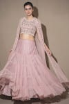 Buy_Vara by Vibha n Priti_Pink Chiffon Embroidered Cape Lehenga Set _at_Aza_Fashions