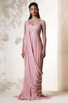 Buy_Vivek Patel_Pink Viscose Crepe Round Embroidered Saree Gown _at_Aza_Fashions