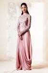 Buy_Vivek Patel_Pink Viscose Crepe Embroidered Draped Gown_at_Aza_Fashions