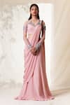 Buy_Vivek Patel_Pink Viscose Crepe Round Embroidered Saree Gown_at_Aza_Fashions