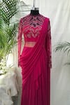 Vivek Patel_Pink Viscose Georgette Round Embroidered Saree Gown For Women_Online_at_Aza_Fashions