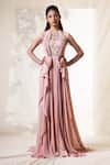 Buy_Vivek Patel_Pink Viscose Crepe Round Embroidered Draped Gown _at_Aza_Fashions