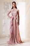 Vivek Patel_Pink Viscose Crepe Round Embroidered Draped Gown _Online_at_Aza_Fashions