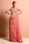 Buy_Vivek Patel_Pink Georgette Round Embellished Saree Gown _at_Aza_Fashions