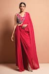 Buy_Vivek Patel_Pink Georgette, Silk Dupion V Neck Pre-draped Saree With Blouse _at_Aza_Fashions