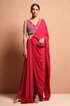 Vivek Patel_Pink Georgette, Silk Dupion V Neck Pre-draped Saree With Blouse _Online_at_Aza_Fashions
