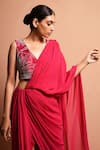 Buy_Vivek Patel_Pink Georgette, Silk Dupion V Neck Pre-draped Saree With Blouse _Online_at_Aza_Fashions