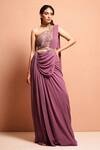 Vivek Patel_Purple Georgette Asymmetric Pre-draped Saree With Blouse _Online_at_Aza_Fashions