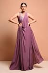 Buy_Vivek Patel_Purple Crepe V Neck Embellished Saree Gown _at_Aza_Fashions