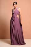 Vivek Patel_Purple Crepe V Neck Embellished Saree Gown _Online_at_Aza_Fashions