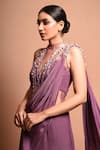 Buy_Vivek Patel_Purple Crepe V Neck Embellished Saree Gown _Online_at_Aza_Fashions