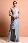 Buy_Vivek Patel_Blue Crepe Round Embellished Saree Gown_at_Aza_Fashions