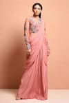 Buy_Vivek Patel_Pink Crepe Round Embellished Saree Gown _at_Aza_Fashions