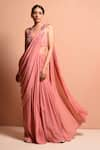 Buy_Vivek Patel_Pink Crepe V Neck Embellished Saree Gown _at_Aza_Fashions