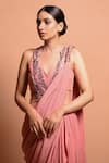 Vivek Patel_Pink Crepe V Neck Embellished Saree Gown _Online_at_Aza_Fashions