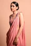 Buy_Vivek Patel_Pink Crepe V Neck Embellished Saree Gown _Online_at_Aza_Fashions