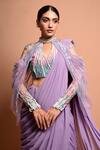 Buy Vivek Patel Purple Georgette High Neck Pre-draped Saree With Embellished Blouse Online at Aza Fashions Buy_Vivek Patel_Purple Georgette High Neck Pre-draped Saree With Embellished Blouse _Online_at_Aza_Fashions