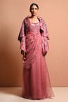 Buy_Vivek Patel_Pink Silk Organza Scoop Neck Embellished Saree Gown With Jacket _at_Aza_Fashions