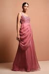 Vivek Patel_Pink Silk Organza Scoop Neck Embellished Saree Gown With Jacket _Online_at_Aza_Fashions