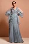 Buy_Vivek Patel_Blue Silk Organza V Neck Embellished Saree Gown_at_Aza_Fashions