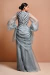 Vivek Patel_Blue Silk Organza V Neck Embellished Saree Gown_Online_at_Aza_Fashions