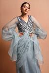 Buy_Vivek Patel_Blue Silk Organza V Neck Embellished Saree Gown_Online_at_Aza_Fashions