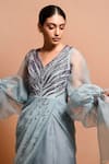 Shop_Vivek Patel_Blue Silk Organza V Neck Embellished Saree Gown_Online_at_Aza_Fashions