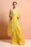 Buy_Vivek Patel_Yellow Silk Organza V Neck Pre-draped Saree Set _at_Aza_Fashions