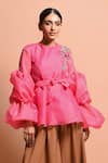 Shop Vivek Patel Pink Organza Polyester Round Balloon Sleeve Top Online at Aza Fashions Shop_Vivek Patel_Pink Organza Polyester Round Balloon Sleeve Top _Online_at_Aza_Fashions